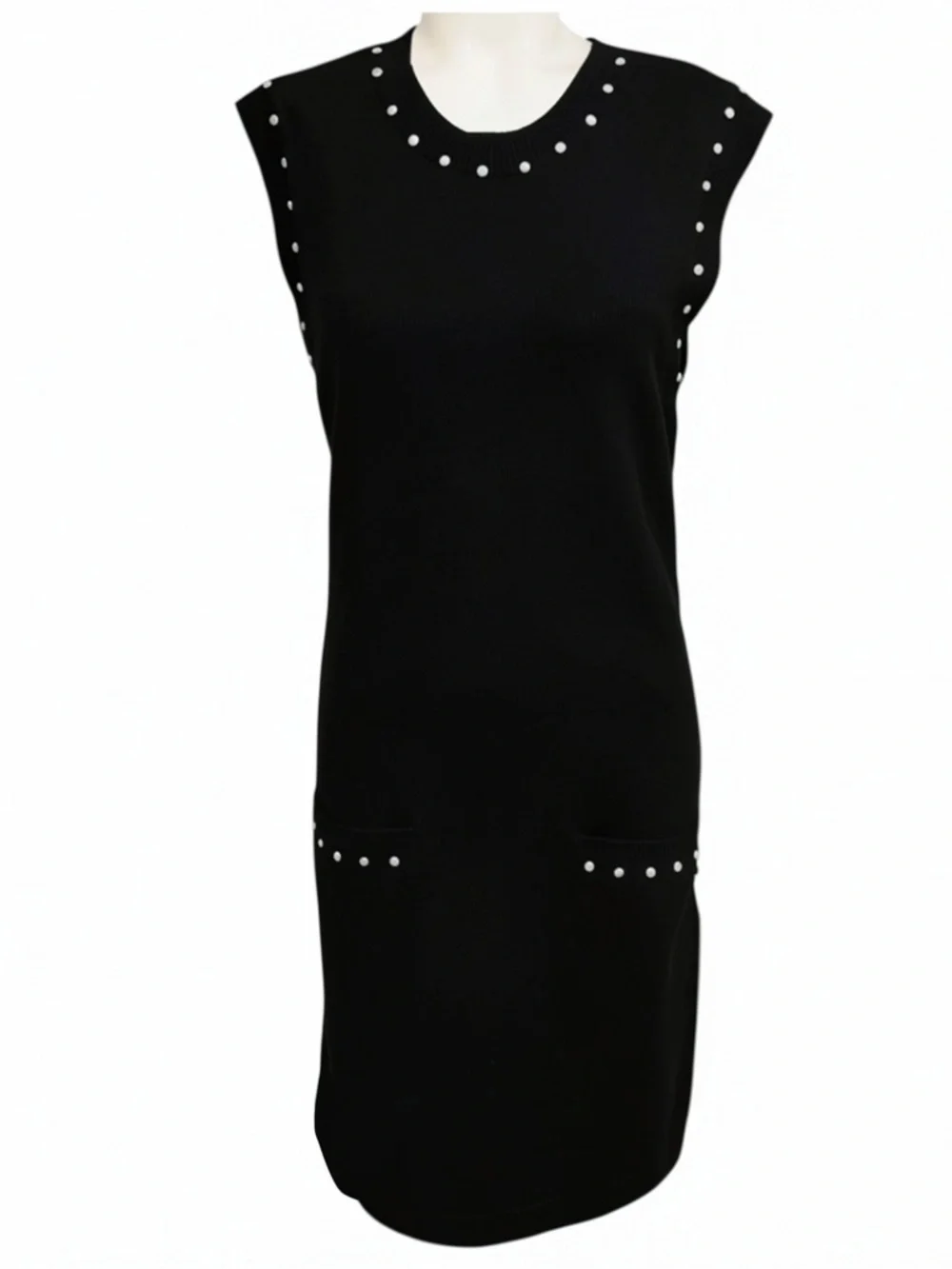 CHANEL BLACK FAUX PEARL EMBELLISHED COTTON AND CASHMERE KNIT DRESS WITH CC LOGO